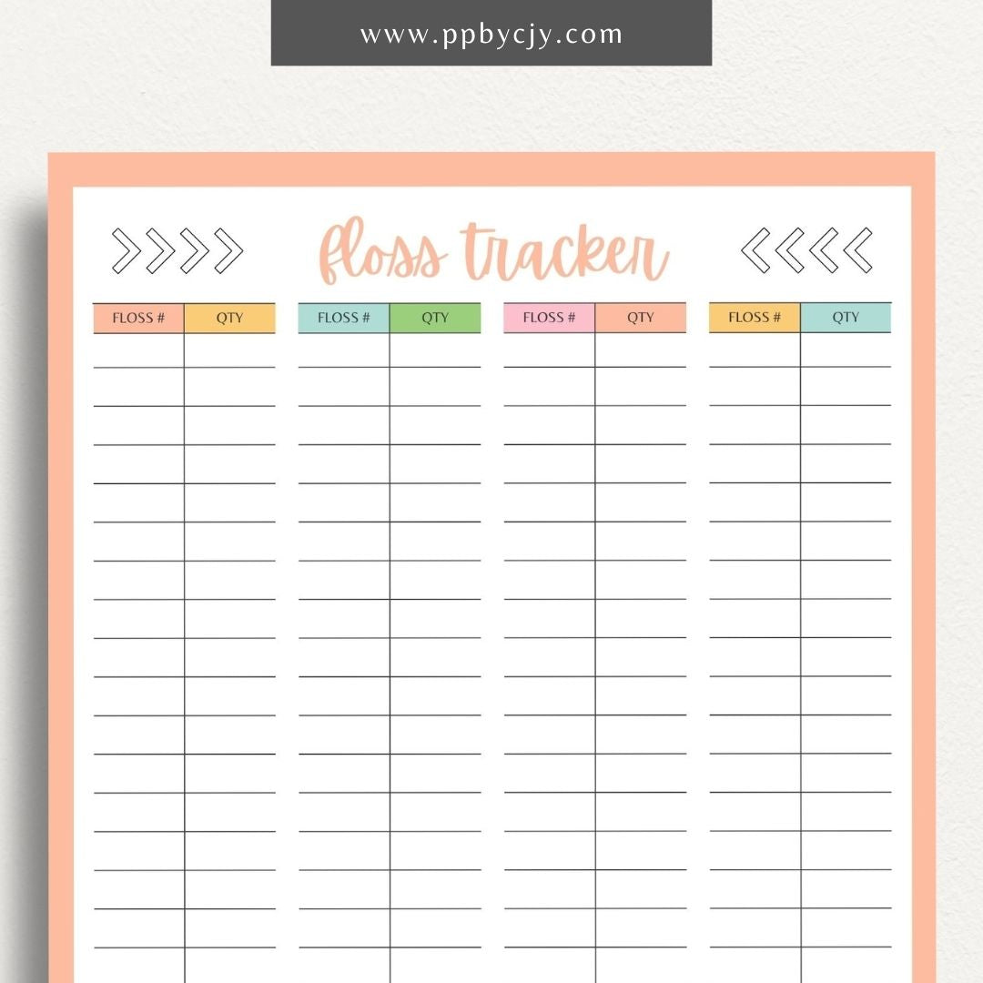 Embroidery Floss Inventory Printable Template – Digital Download for Tracking Floss Supplies with sections for color numbers, quantities, and storage locations.