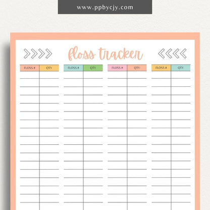 Embroidery Floss Inventory Printable Template – Digital Download for Tracking Floss Supplies with sections for color numbers, quantities, and storage locations.