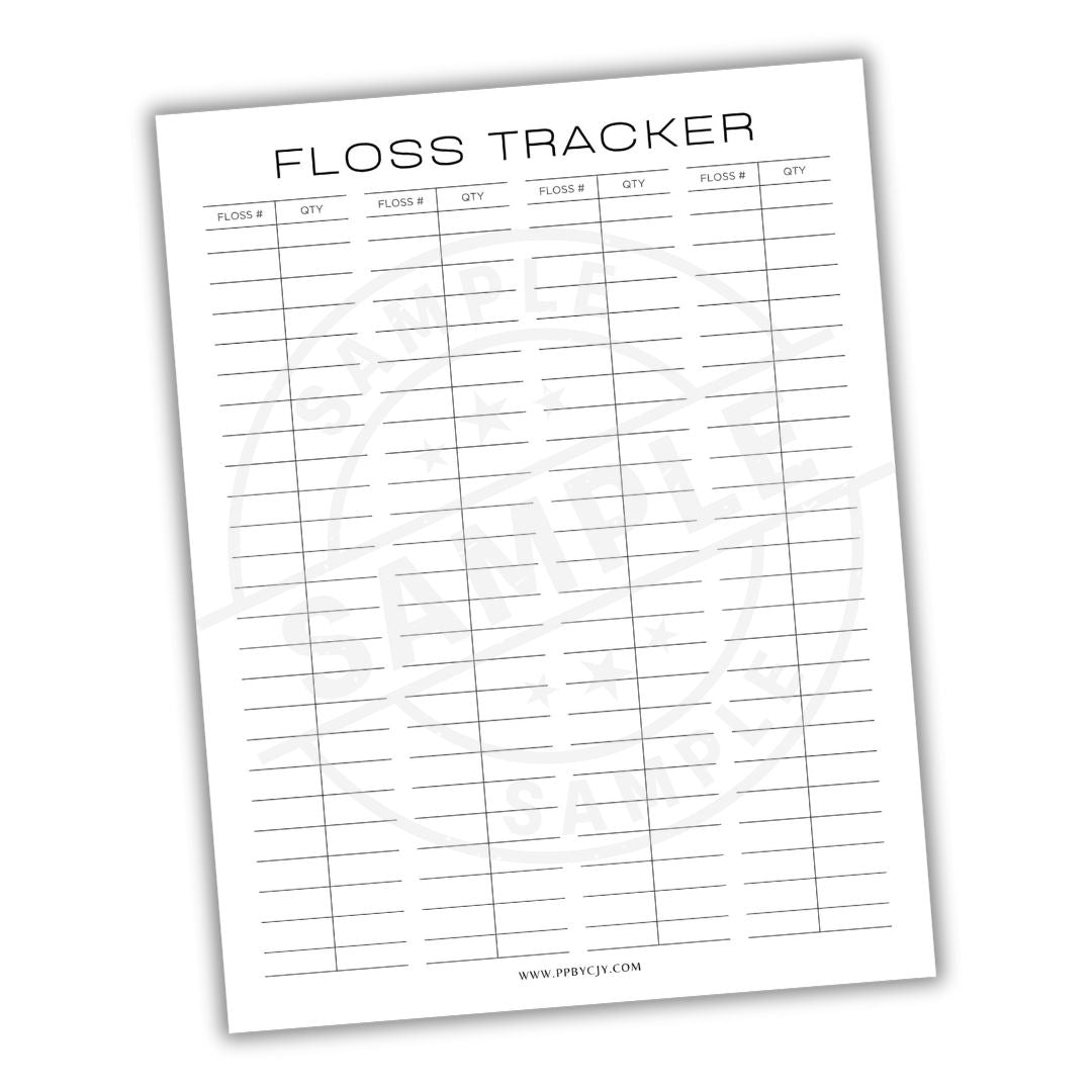 Floss tracker sheet with columns for floss type, quantity, and quantity per roll on a white background.