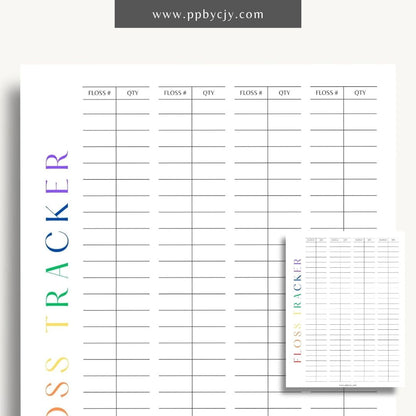 Embroidery Floss Inventory Printable Template – Digital Download for Tracking Floss Supplies with sections for color numbers, quantities, and storage locations.