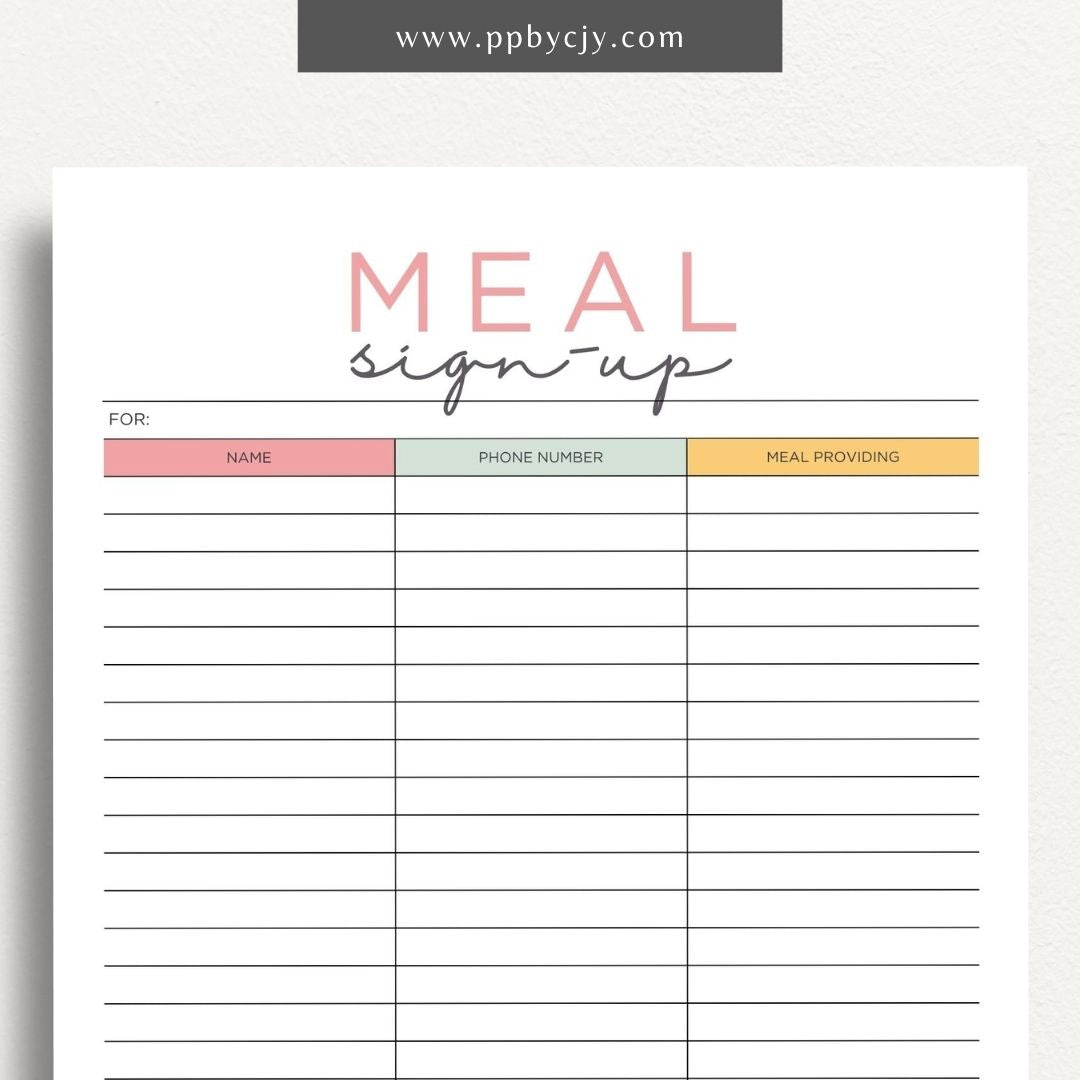 Meal Train Sign-Up Printable Template – Digital download for organizing and coordinating meal deliveries for someone in need.