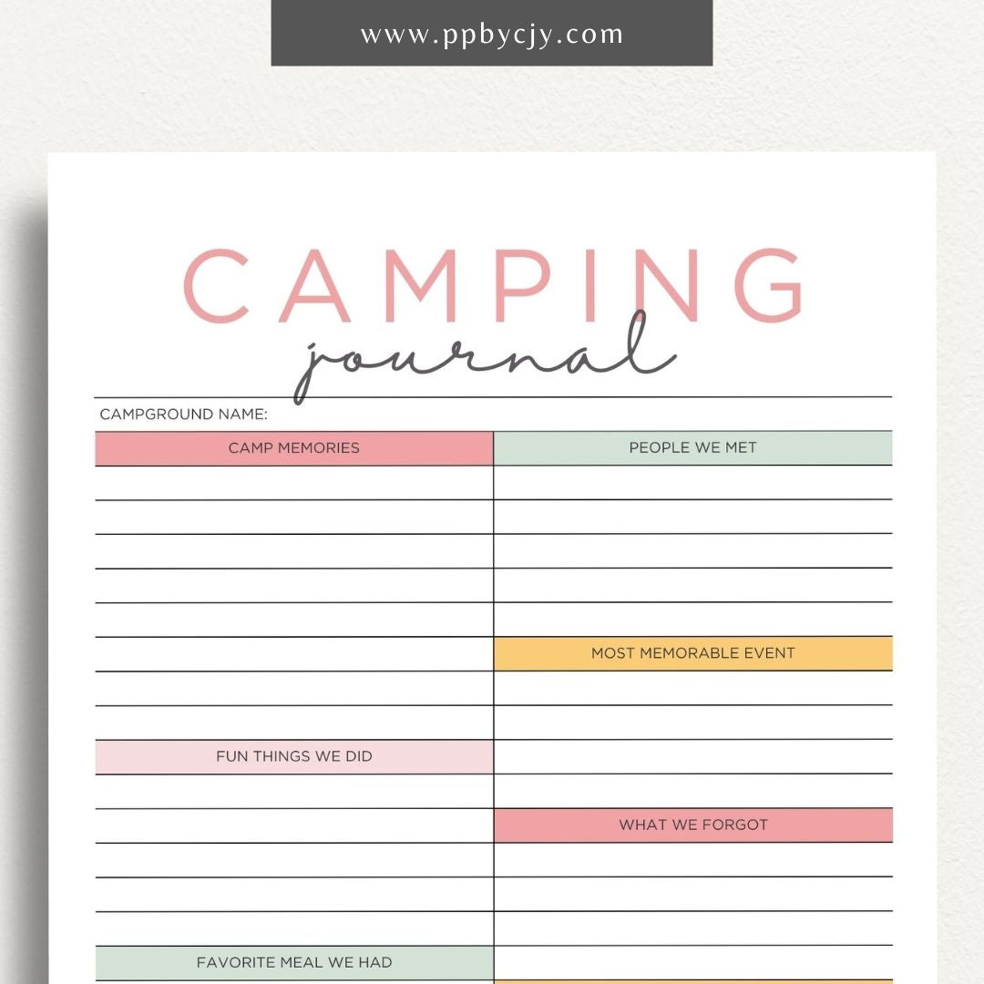 Camping Journal Printable Template – Digital Download for Recording and Reflecting on Camping Experiences and Adventures