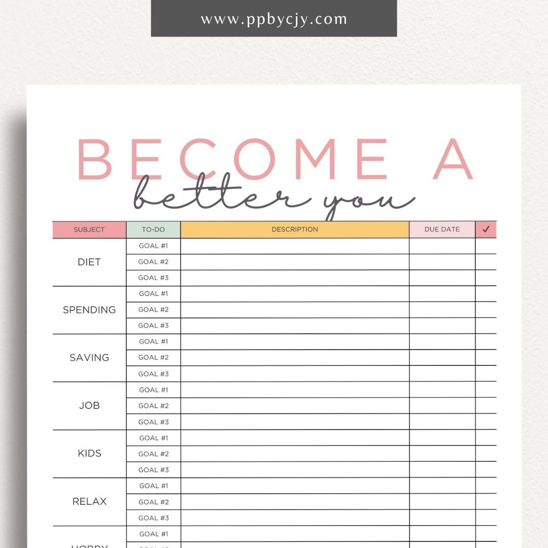 Become a Better You Worksheet Printable Template – Digital download for personal development and self-improvement tracking.