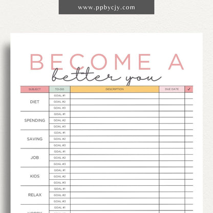 Become a Better You Worksheet Printable Template – Digital download for personal development and self-improvement tracking.