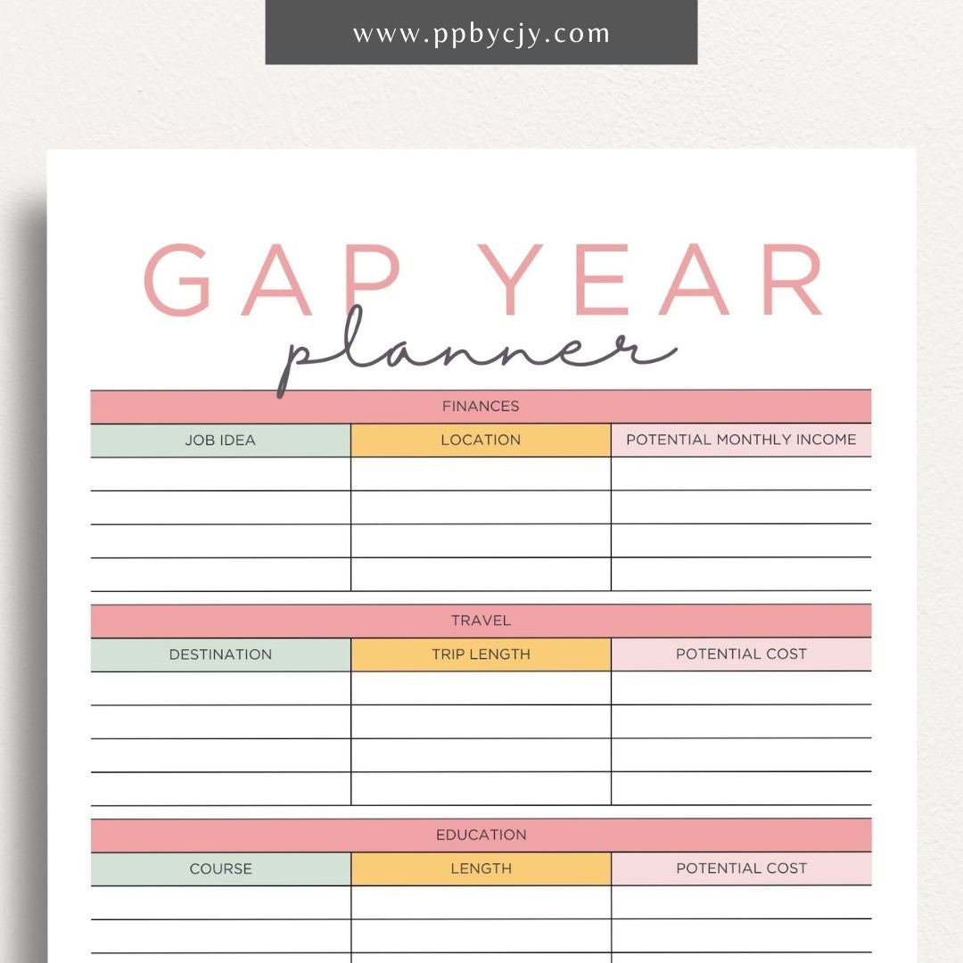 Gap Year Planner Printable Template – Digital download for organizing travel, setting goals, and tracking experiences during your gap year.