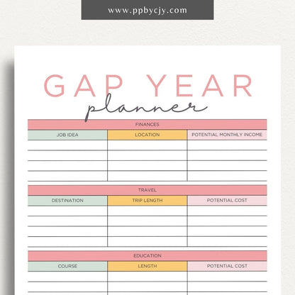 Gap Year Planner Printable Template – Digital download for organizing travel, setting goals, and tracking experiences during your gap year.