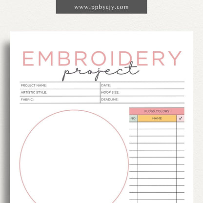 Embroidery Project Plan Printable Template – Digital download for organizing and planning embroidery projects with sections for design, materials, and progress tracking