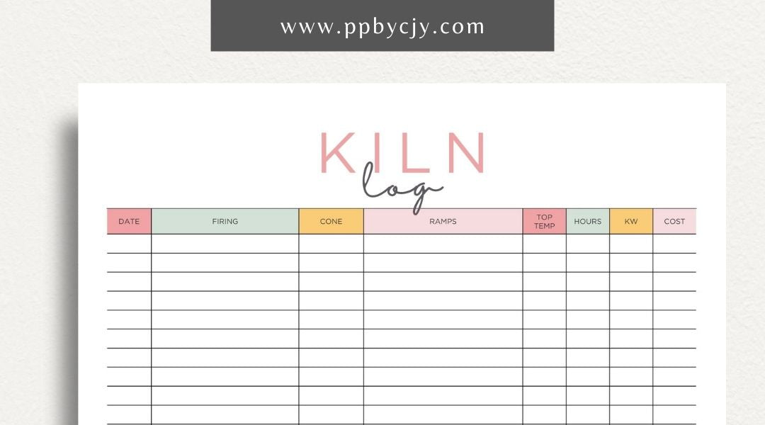 Kiln Log Printable Template – Digital download for tracking ceramic kiln operations, including firing schedules, temperatures, and kiln performance