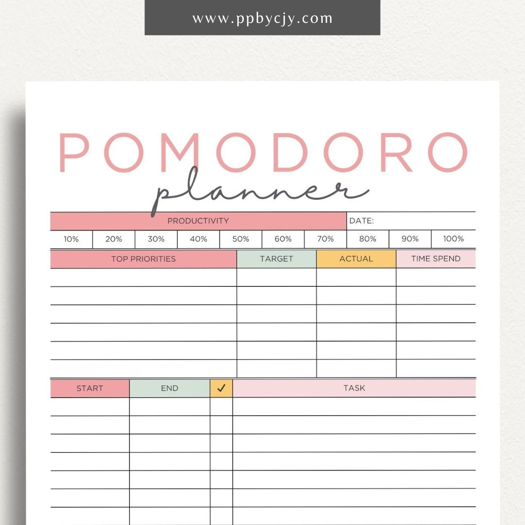 Pomodoro Planner Printable Template – Digital download for time management, productivity tracking, and focus improvement using the Pomodoro Technique.