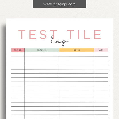 Pottery Test Tile Log Printable Template – Digital download for documenting and tracking ceramic glaze tests, including glaze types, temperatures, and observations