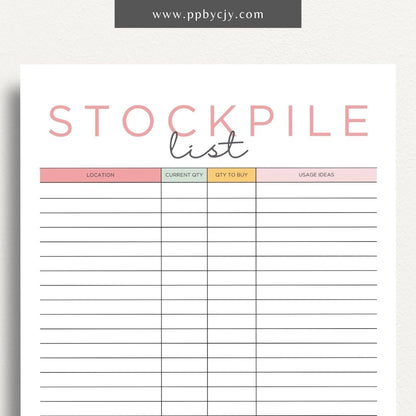 Stockpile List Printable Template – Digital download for tracking and organizing emergency supplies, food, water, and essentials inventory