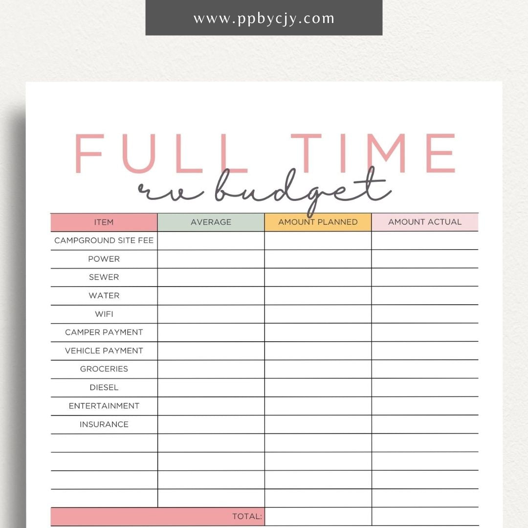 Full-Time RV Budget Printable Template – Digital download for planning and tracking expenses while living in an RV.