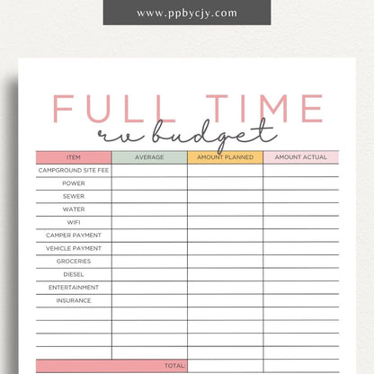 Full-Time RV Budget Printable Template – Digital download for planning and tracking expenses while living in an RV.