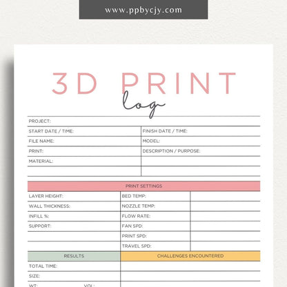 3D Print Log Printable Template – Digital Download for Tracking 3D Printing Projects and Details