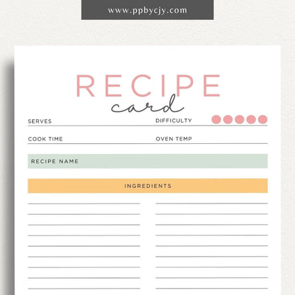 Recipe Card Printable Template – Digital download for organizing and documenting your favorite recipes and cooking instructions