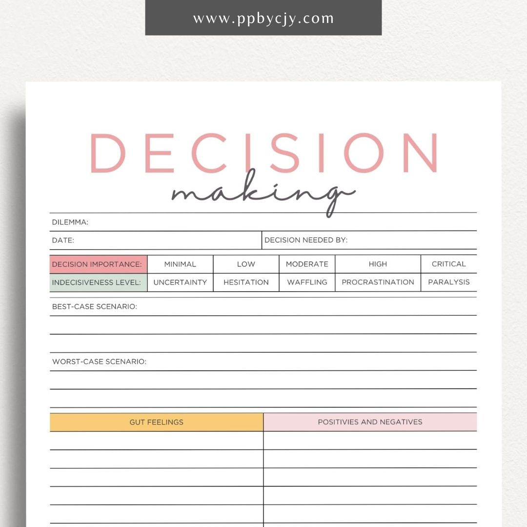 Decision-Making Sheet Printable Template – Digital download for evaluating options, listing pros and cons, and organizing thoughts for confident decision-making.