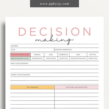 Decision-Making Sheet Printable Template – Digital download for evaluating options, listing pros and cons, and organizing thoughts for confident decision-making.