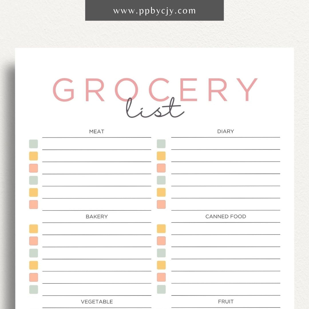 Food Grocery List Printable Template – Digital download for organizing and planning your grocery shopping.