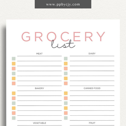 Food Grocery List Printable Template – Digital download for organizing and planning your grocery shopping.