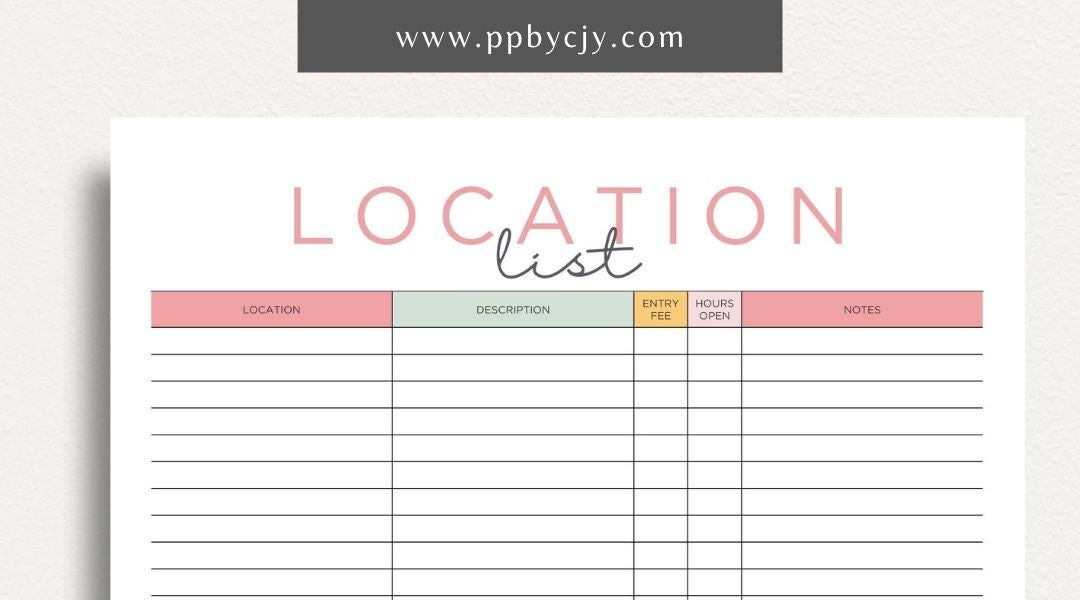 Photography Location List Printable Template – Digital download for organizing and tracking photography spots, photoshoot planning, and location details