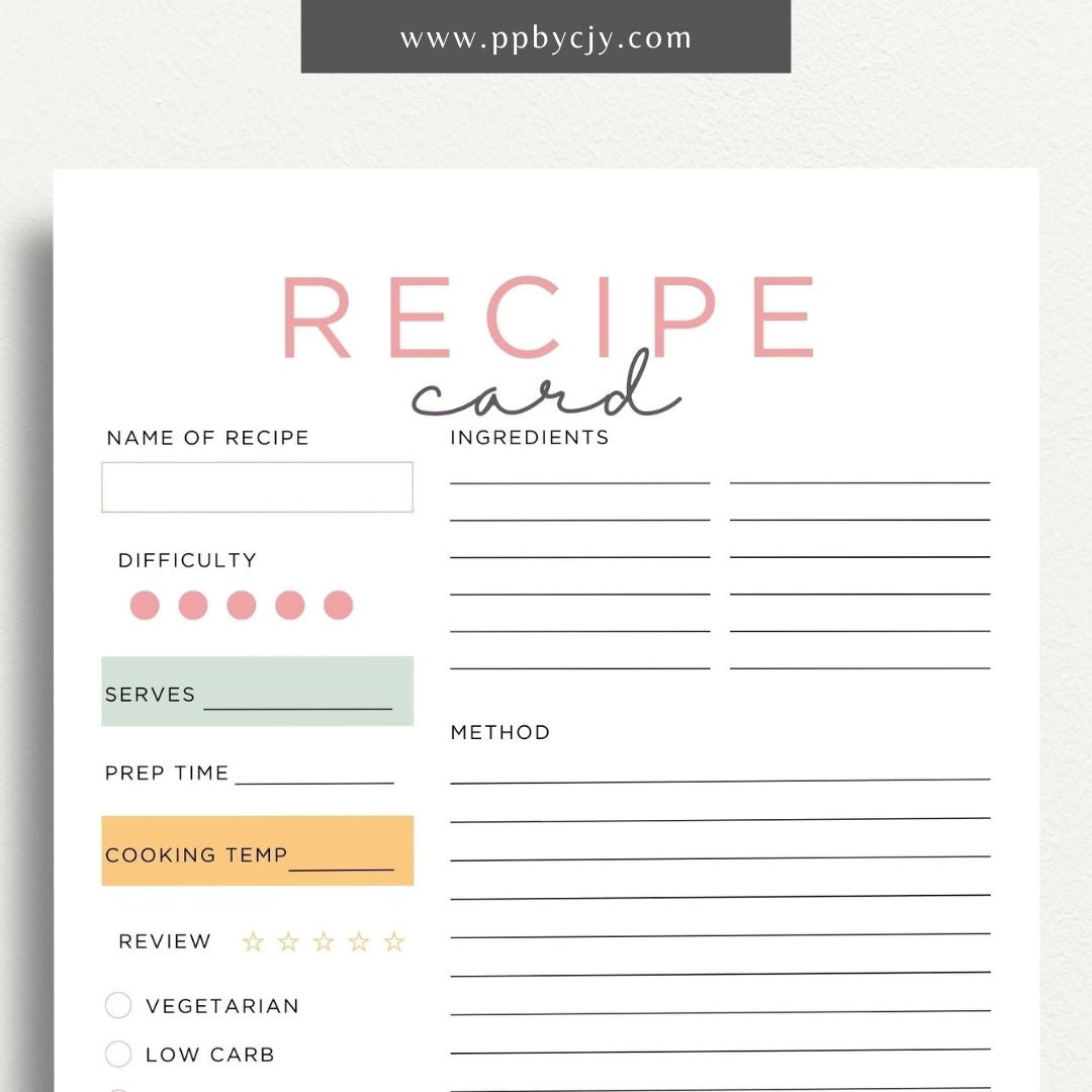 Recipe Card Printable Template – Digital download for organizing and documenting your favorite recipes and cooking instructions