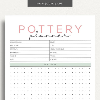 Pottery Planner Printable Template – Digital download for organizing ceramic projects, including design planning, material tracking, and firing schedules