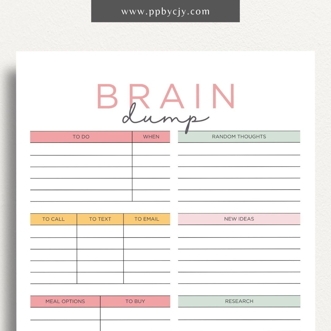 Brain Dump Worksheet Printable – Digital download for organizing thoughts, ideas, and tasks to achieve mental clarity.