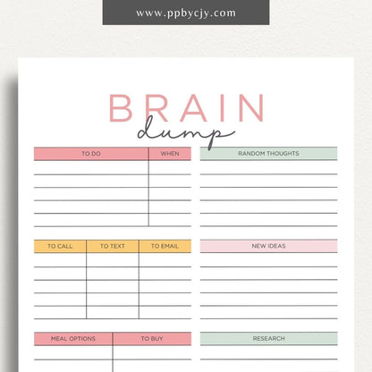 Brain Dump Worksheet Printable – Digital download for organizing thoughts, ideas, and tasks to achieve mental clarity.