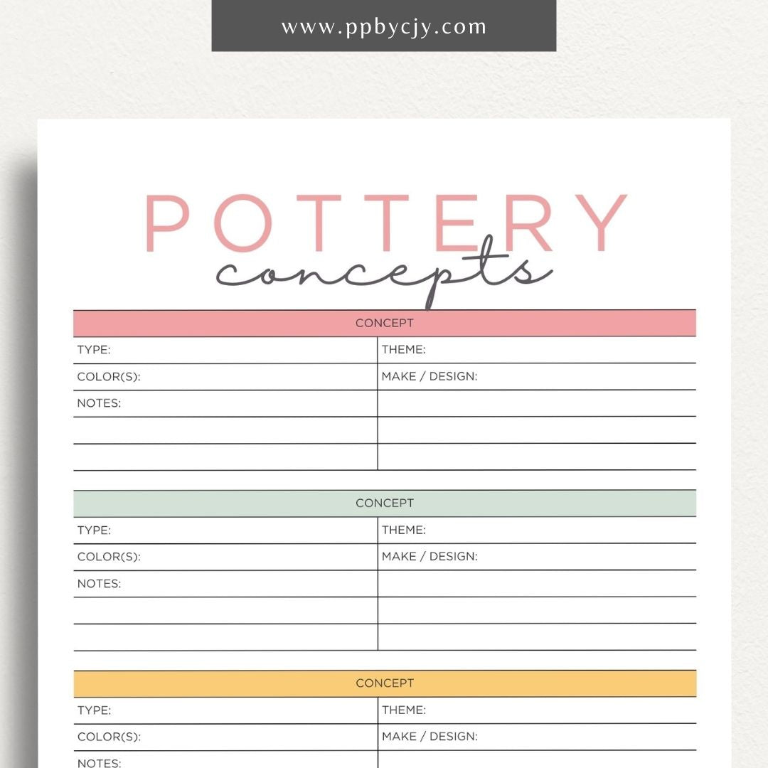 Pottery Concepts Printable Template – Digital download for planning and organizing ceramic design ideas, including sections for sketches, materials, and project tracking