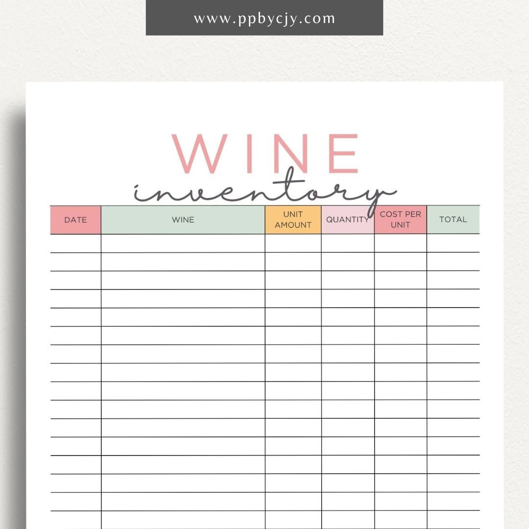 Wine Inventory Printable Template – Digital download for cataloging and managing your wine collection, including details like wine type, vintage, quantity, and storage location