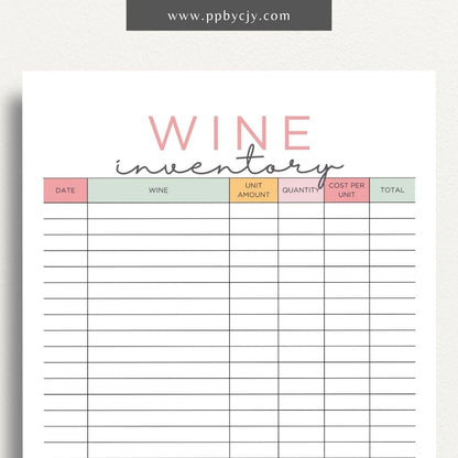 Wine Inventory Printable Template – Digital download for cataloging and managing your wine collection, including details like wine type, vintage, quantity, and storage location