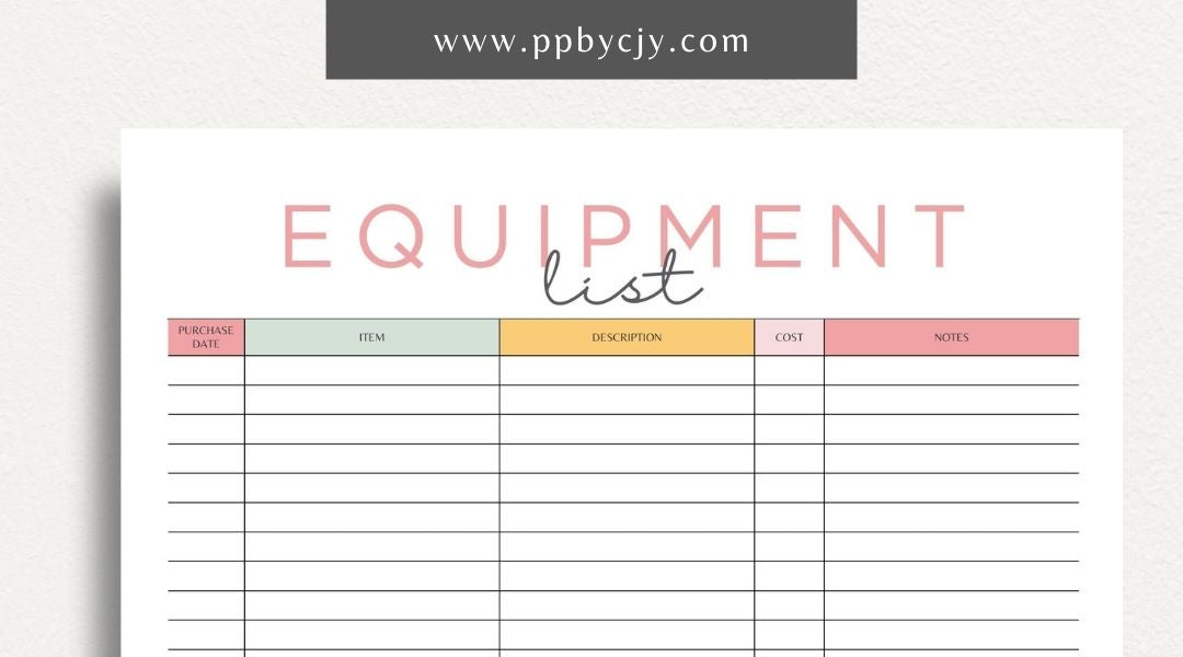 Equipment & Machine List Printable Template – Digital download for tracking and organizing machinery, maintenance schedules, and equipment inventory