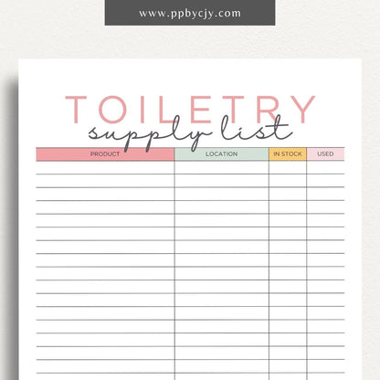 Toiletry Supply List Printable Template – Digital download for organizing and tracking bathroom essentials, personal care items, and travel packing