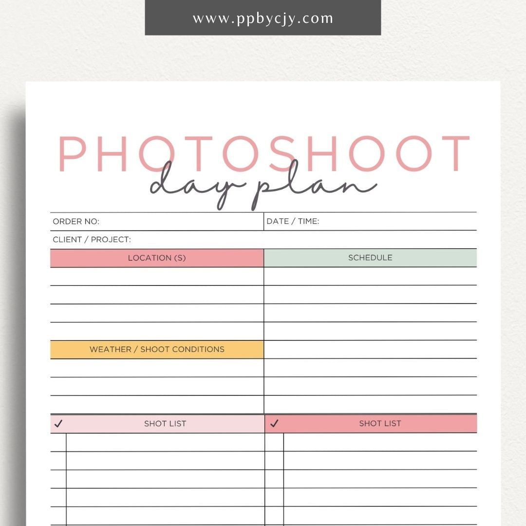 Photoshoot Day Plan Printable Template – Digital download for organizing and planning photography sessions, shoot day schedules, and equipment lists