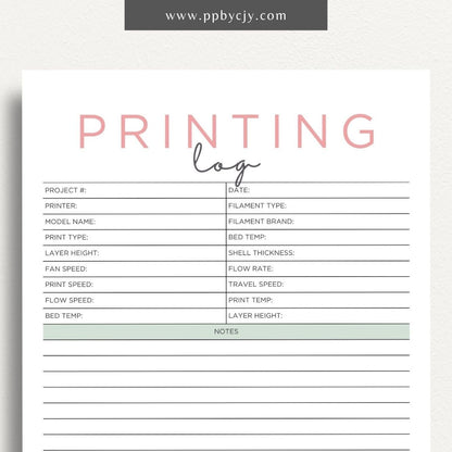 3D Printing Log Printable Template – Digital download for tracking and organizing 3D print jobs, settings, and project details