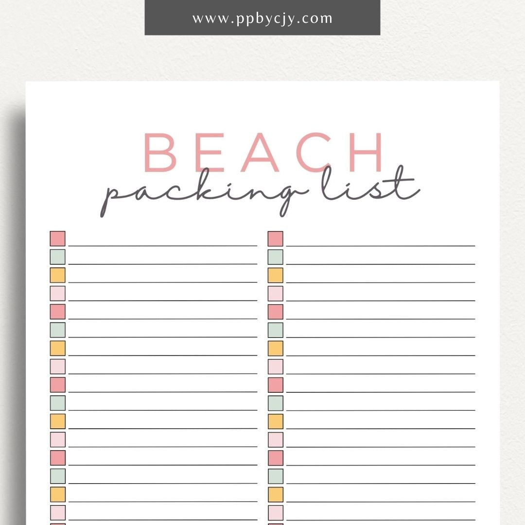 Beach Packing List Printable Template – Digital Download for Organizing and Packing for a Beach Trip