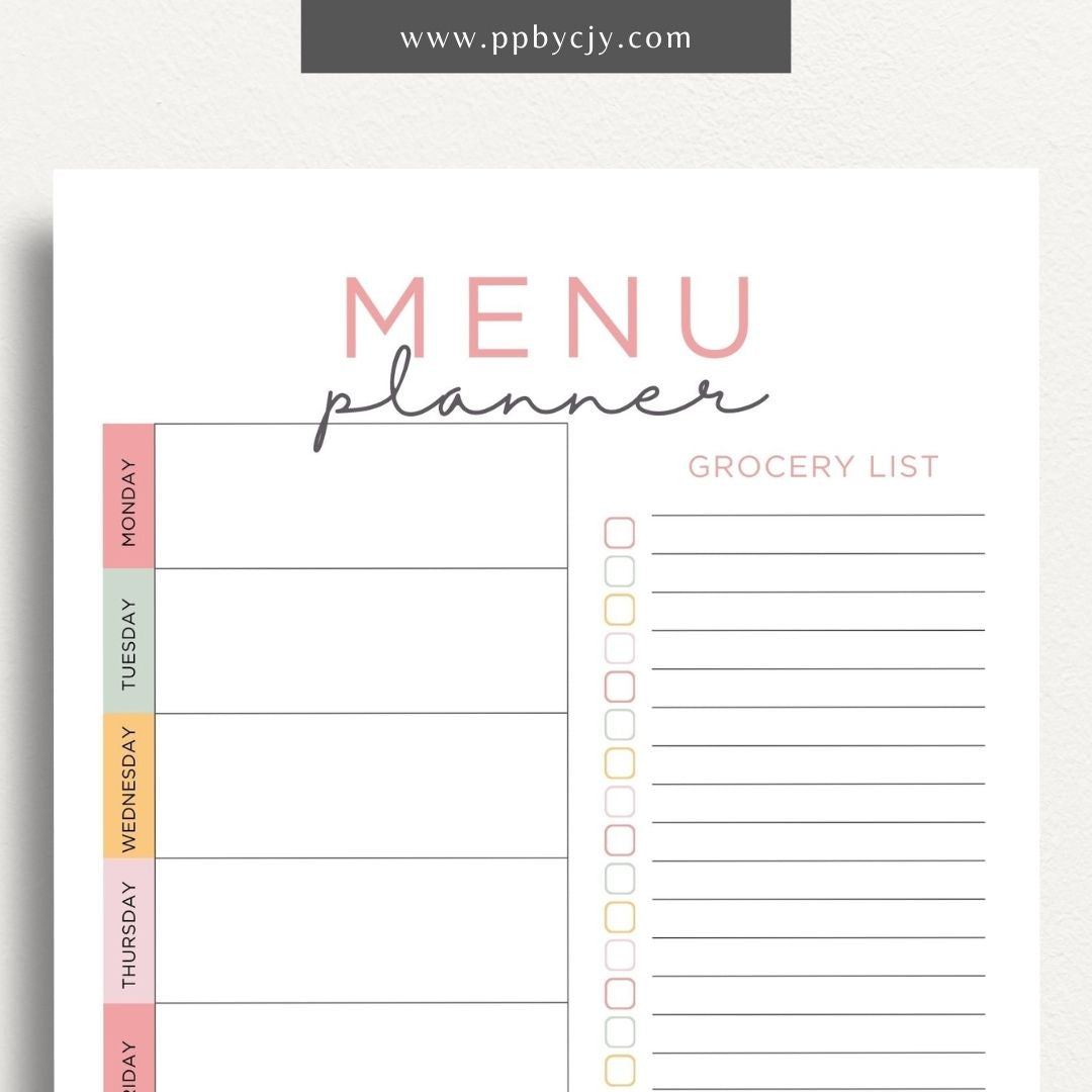 Weekly Meal Planner Printable Template – Digital download for organizing and planning meals for the week, including meal ideas, ingredients, and grocery lists