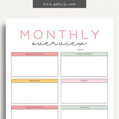 Monthly Overview Printable Template – Digital download for planning monthly schedules, setting goals, and organizing tasks.