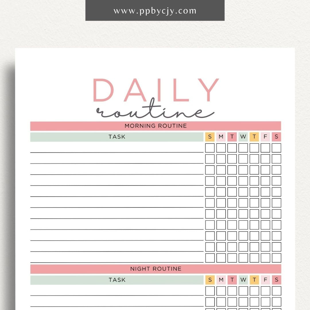 Daily Routine Printable Template – Digital download for planning and organizing daily schedules, tracking habits, and boosting productivity.