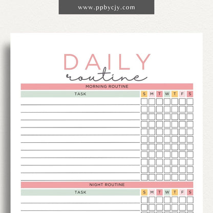 Daily Routine Printable Template – Digital download for planning and organizing daily schedules, tracking habits, and boosting productivity.