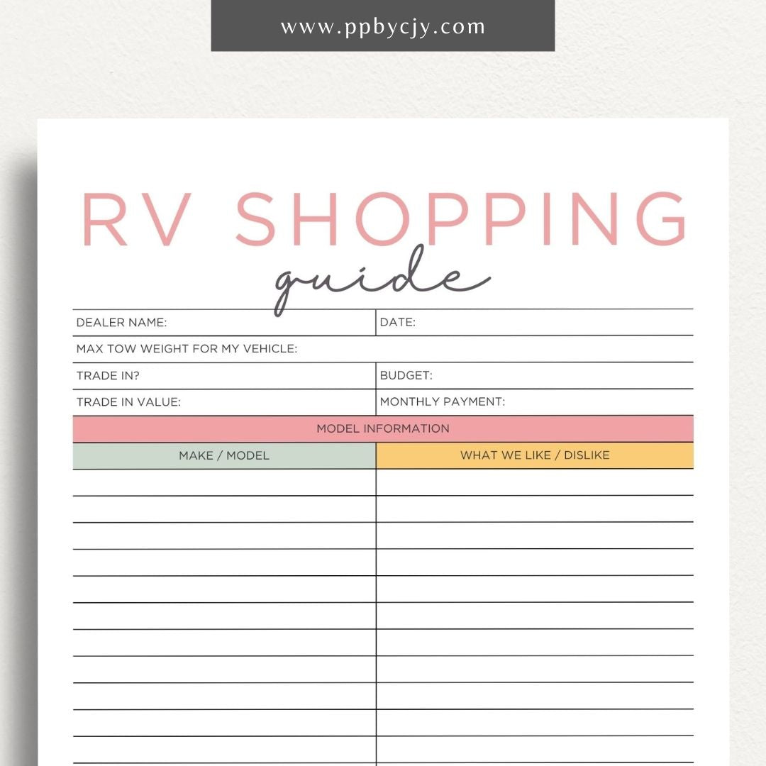 RV Shopping Guide Printable Template – Digital download for planning and organizing your RV purchase or upgrade, including features, checklists, and comparisons