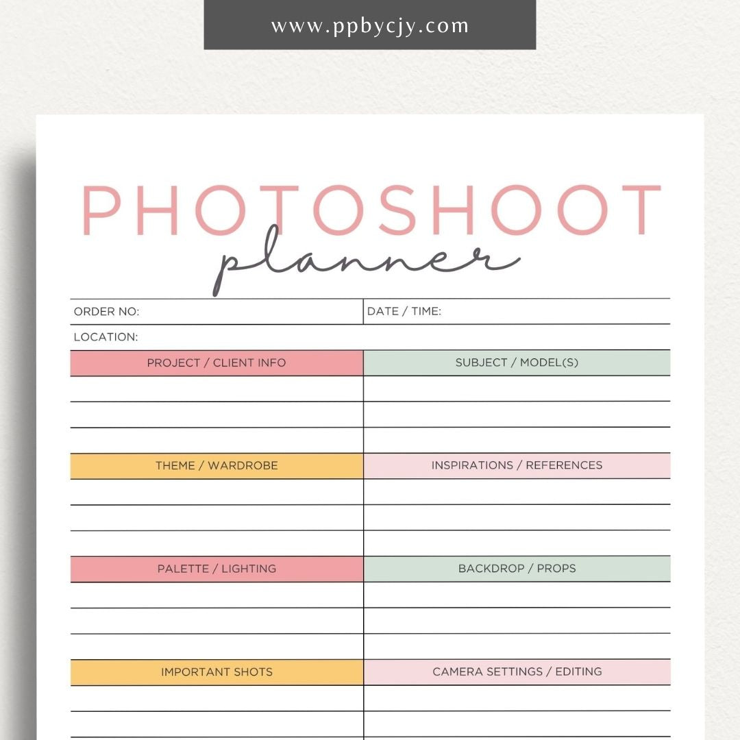 Photoshoot Planner Printable Template – Digital download for organizing and planning photography sessions, shot lists, schedules, and equipment"