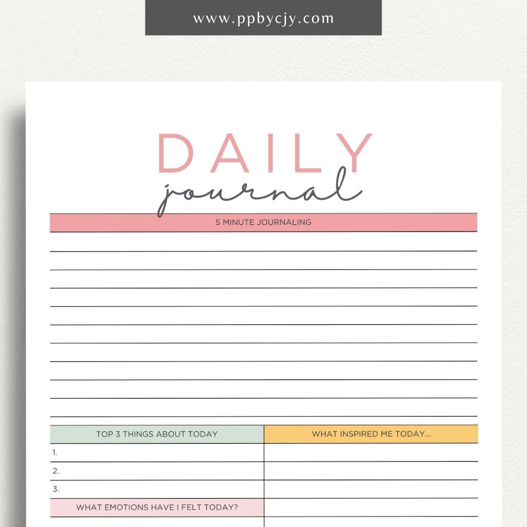 Daily Journal Page Printable Template – Digital download for daily reflection, planning, and journaling, including to-do lists and mood tracking.