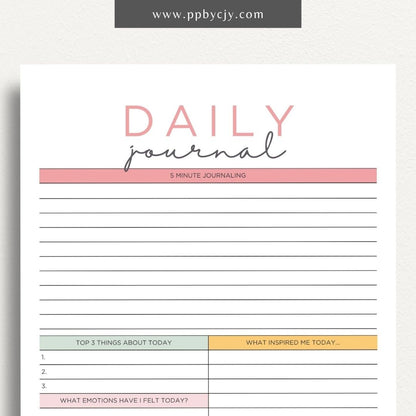 Daily Journal Page Printable Template – Digital download for daily reflection, planning, and journaling, including to-do lists and mood tracking.