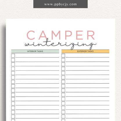 Camper Winterizing Sheet Printable Template – Digital Download for Organizing and Tracking Winterizing Tasks for Campers