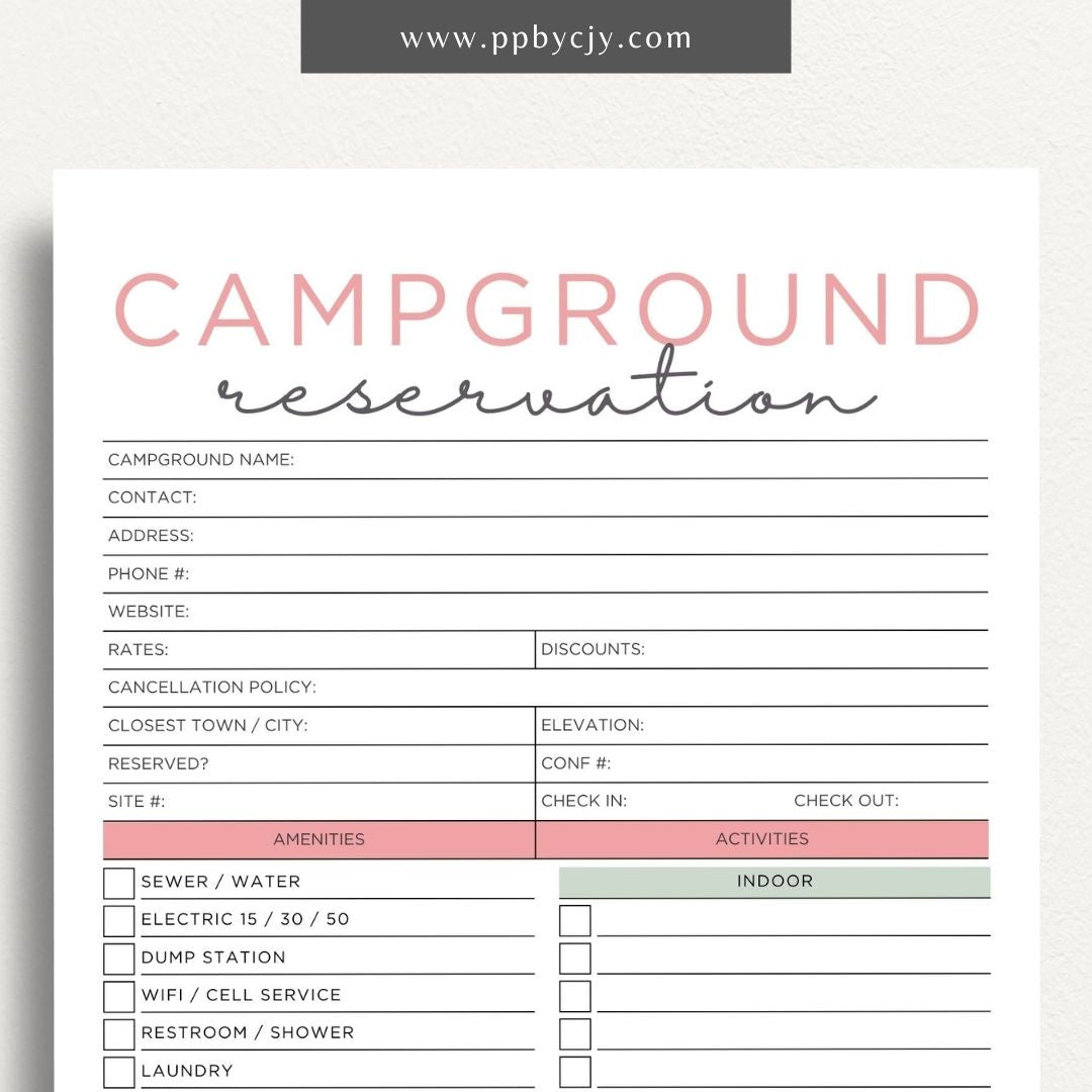 Campground Reservation Sheet Printable Template – Digital Download for Organizing and Managing Campground Reservations