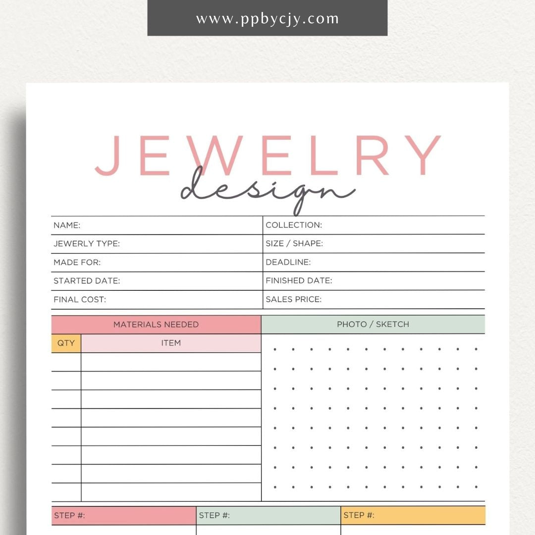 Jewelry Design Plan Printable Template – Digital download for organizing and planning jewelry designs with sections for sketches, materials, and measurements