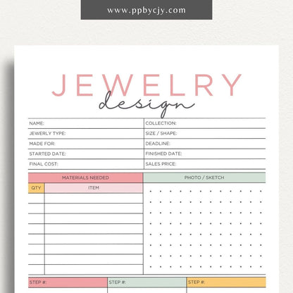 Jewelry Design Plan Printable Template – Digital download for organizing and planning jewelry designs with sections for sketches, materials, and measurements