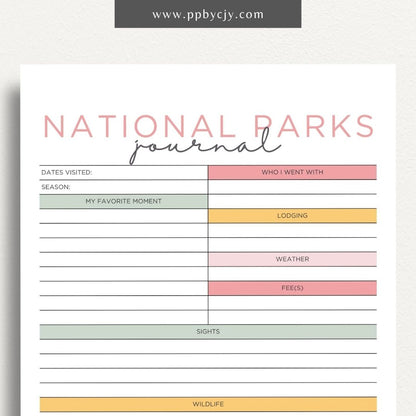 National Park Journal Printable Template – Digital download for tracking national park visits, hikes, wildlife, and more.