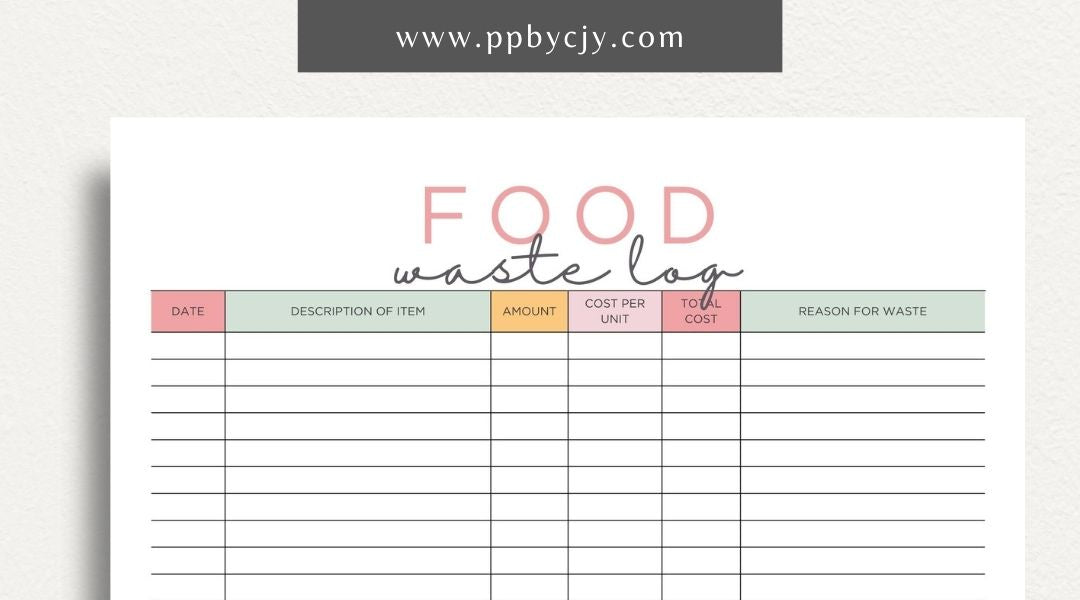 Restaurant Waste Log Printable Template – Digital download for tracking and managing waste in a restaurant, including types, quantities, and reasons for disposal